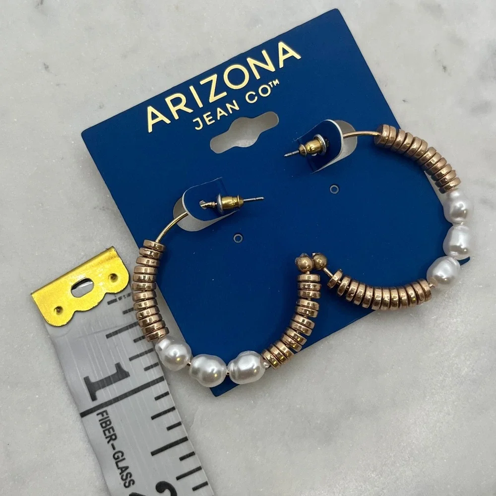 Baroque Pearl Hoop Earrings Gold Tone Faux Arizona Jean Beaded Boho Coastal New‎